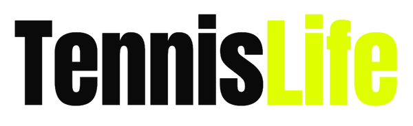 The logo for TennisLife, featuring the word 'Tennis' in bold black letters and 'Life' in bright neon yellow-green, set against a solid black background.